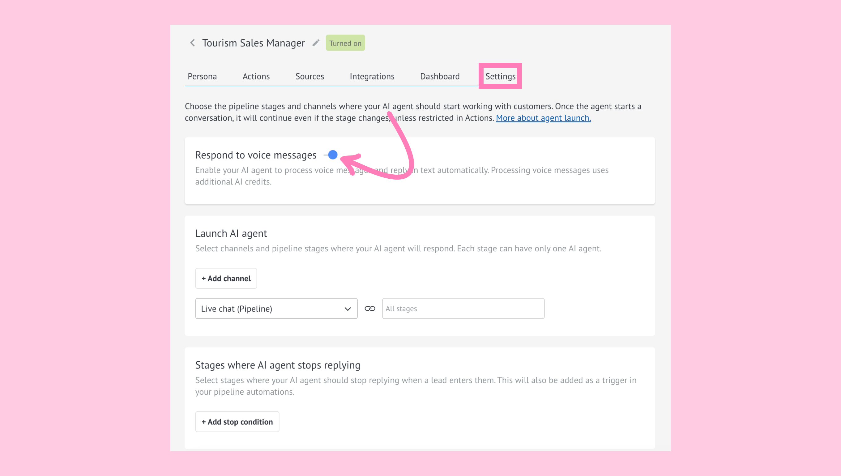 AI agent setup displaying the voice message setting for AI agents.